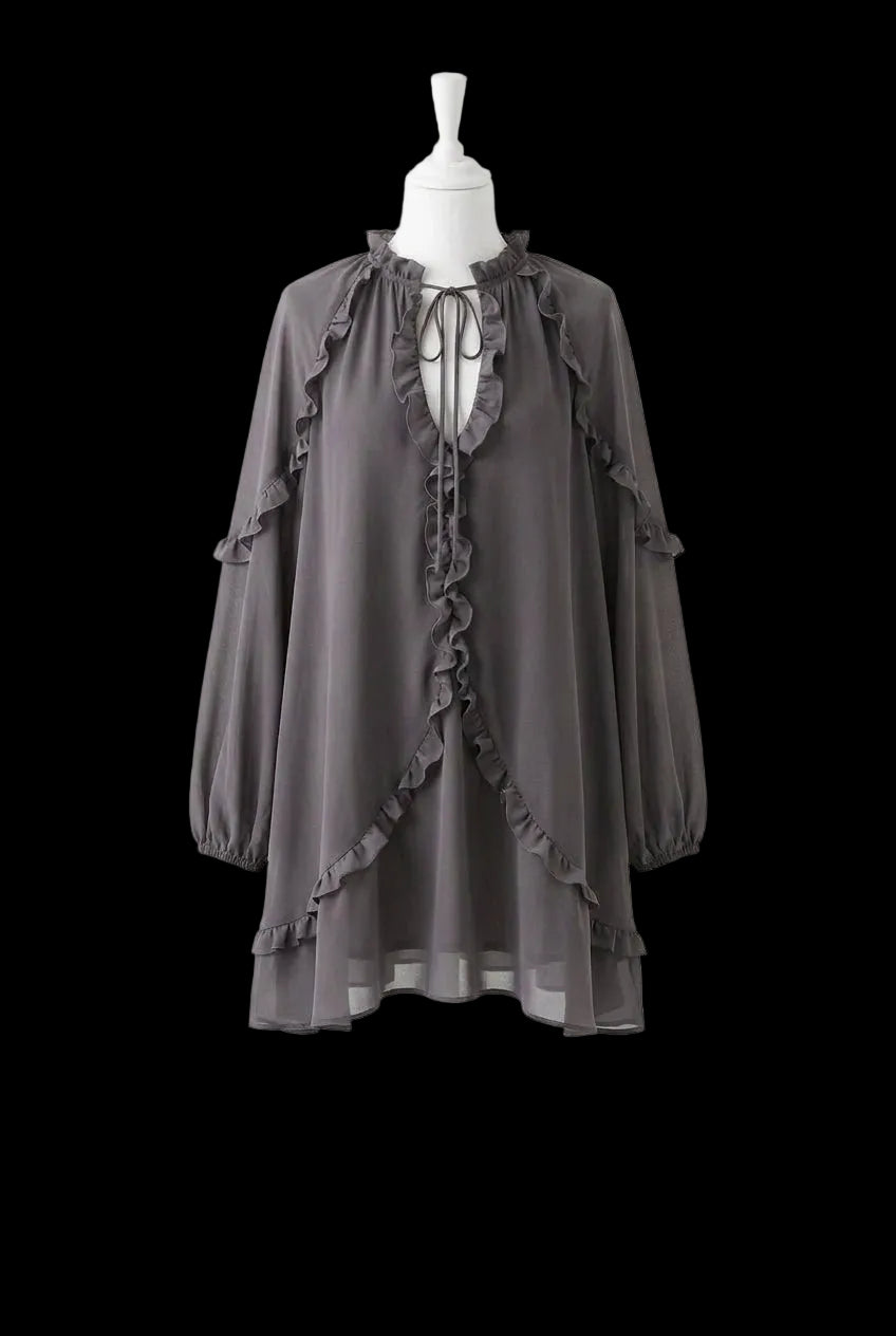 Topshop Grey Frill Trapeze Long Sleeve Mini Dress UK 10