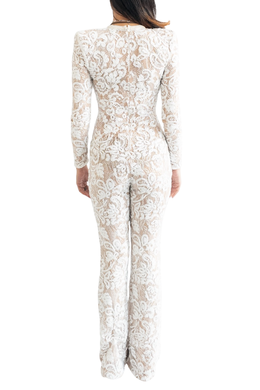 Nadine Merabi White I840 Bella Sequin Jumpsuit UK S/M