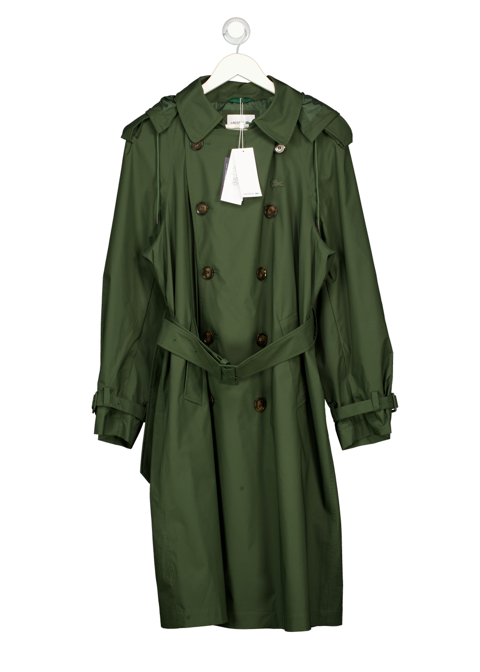 LACOSTE Khaki Green Water-repellent Windproof Trench Coat With Hood UK S