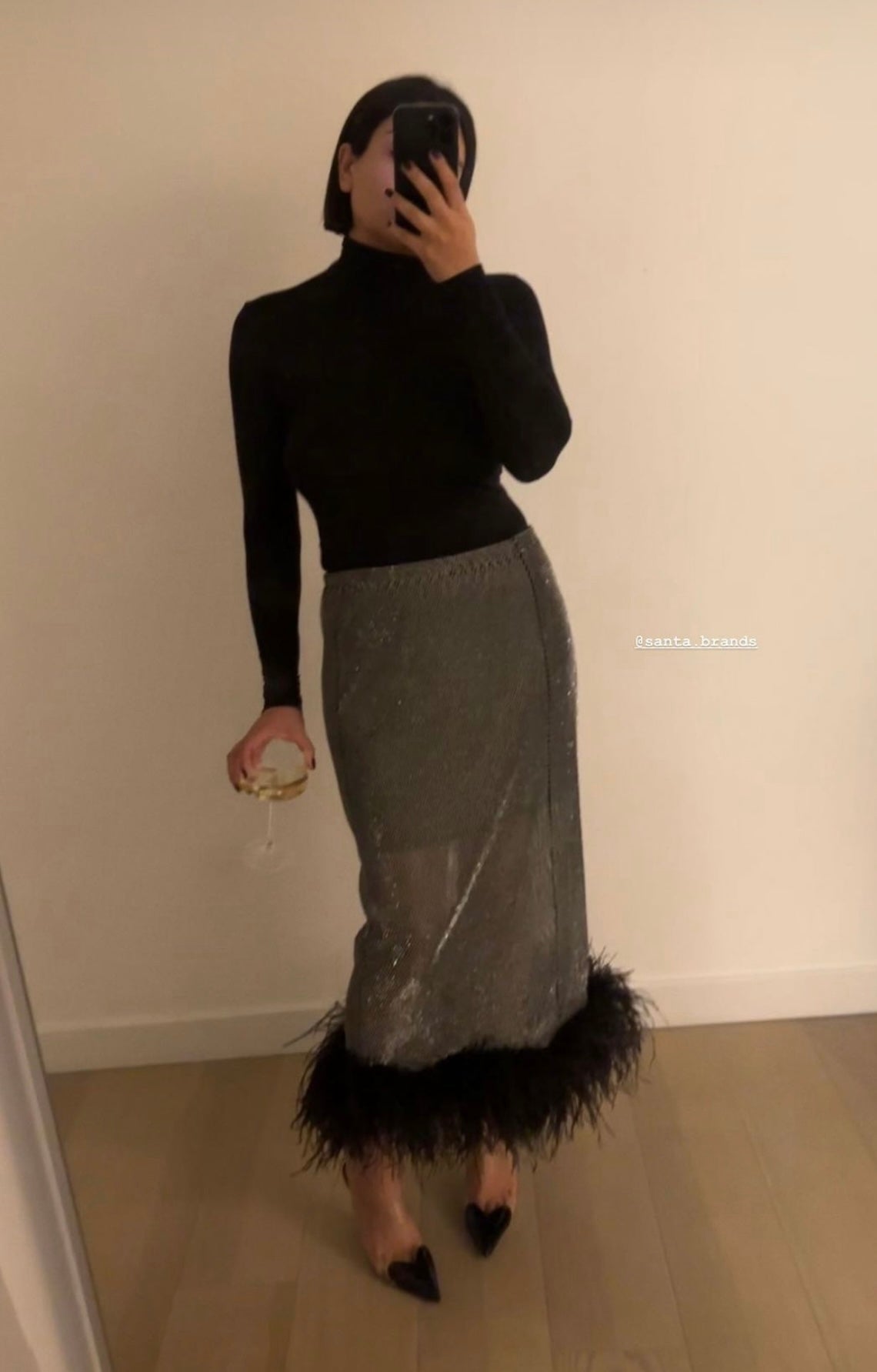 Santa Brands Black Sparkle feathers midi skirt UK L