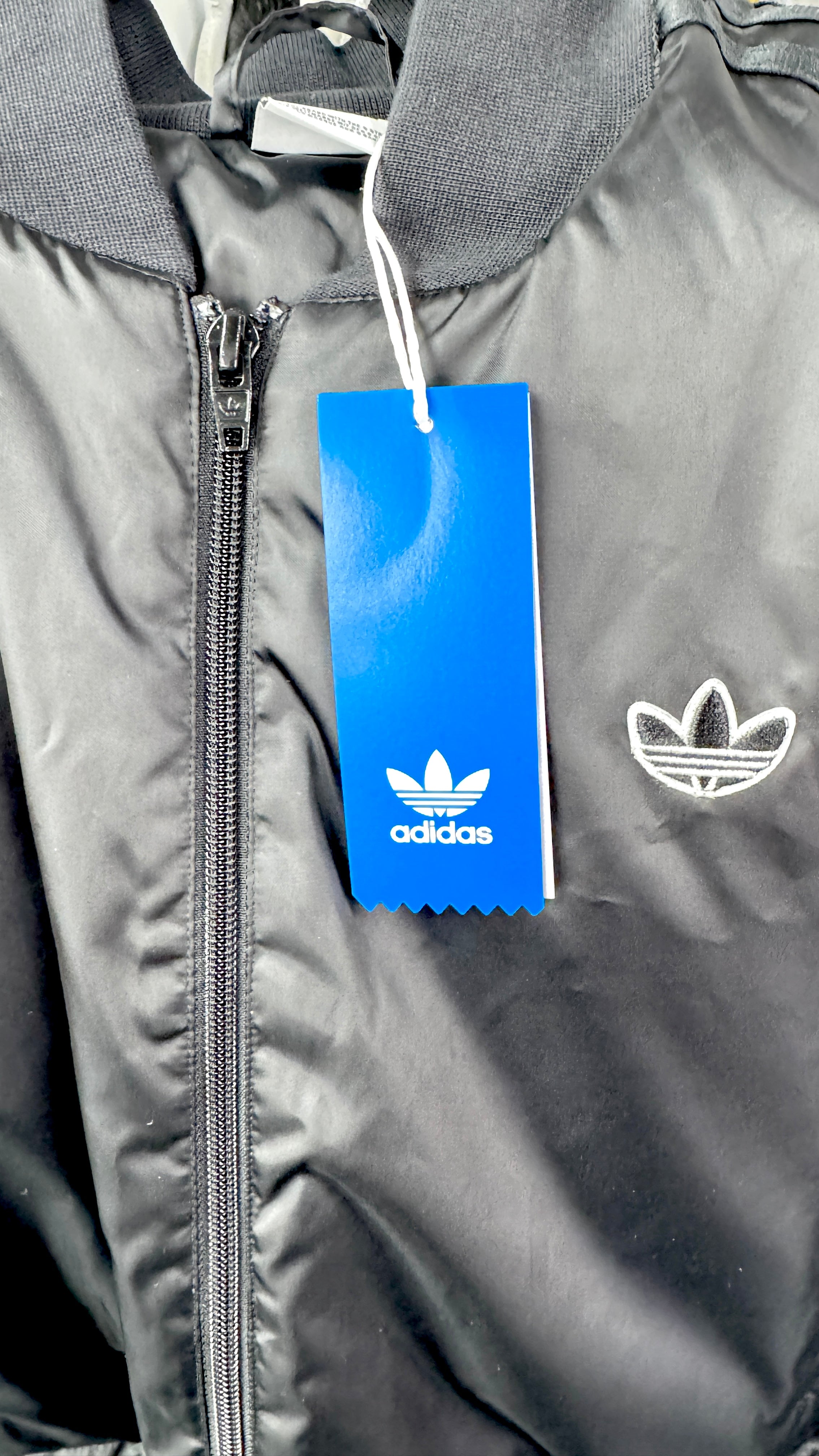 ADIDAS Originals Black Satin Three Stripe Cinched Waist Bomber Jacket UK 12