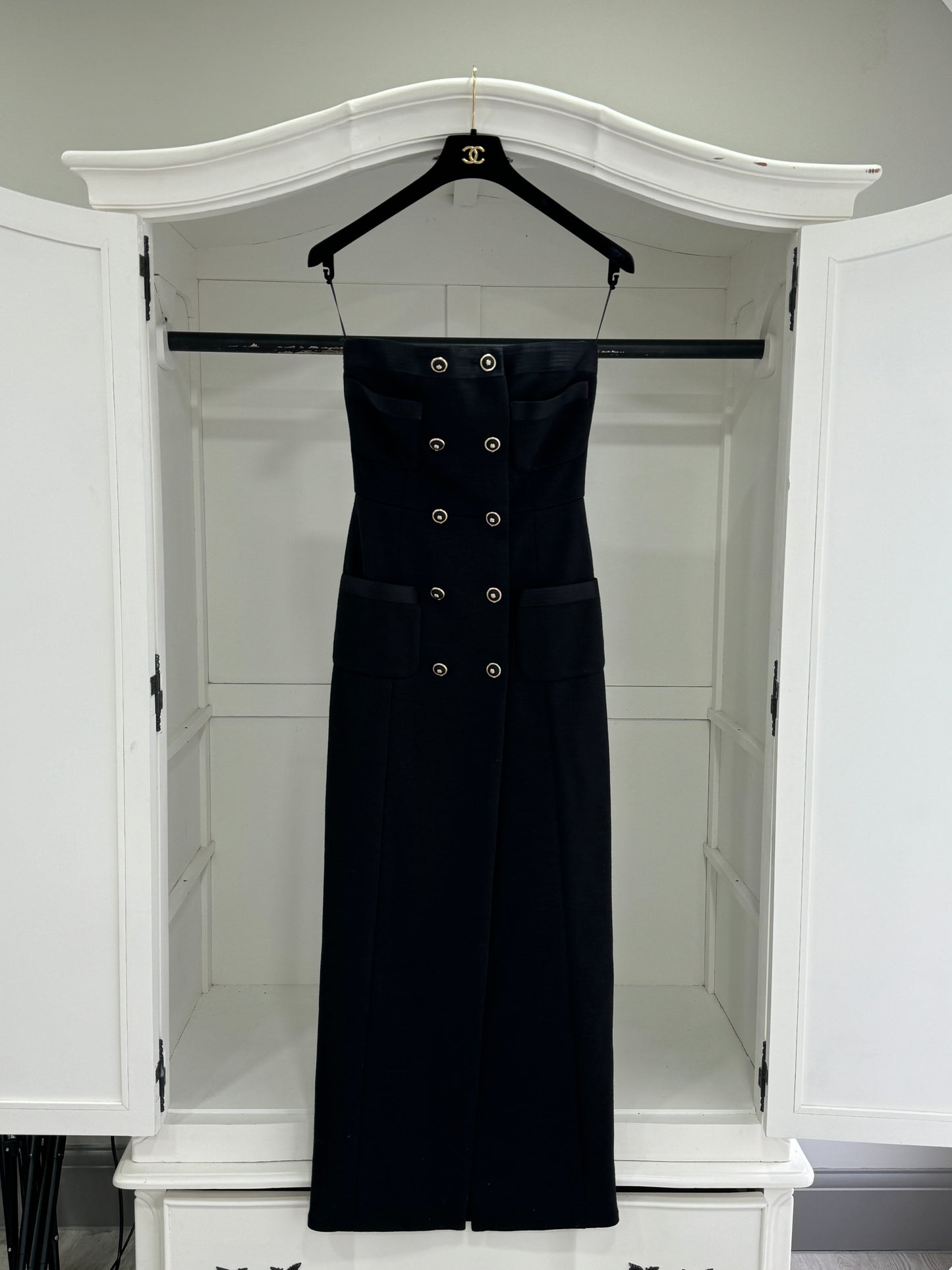 Chanel Black 100% Wool / Silk Lined Double Breasted Button Detailed Strapless Gown UK 8