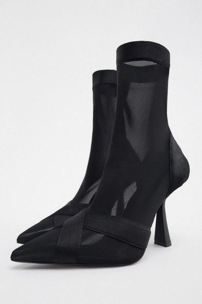 ZARA Black Sheer Hosiery Look Heeled Ankle Boots UK 6 EU 39 👠