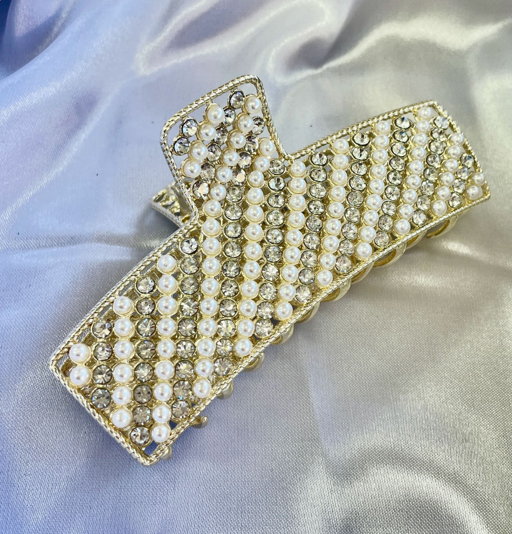 Cream Square Edge Pearl Hair Claw Clip One Size