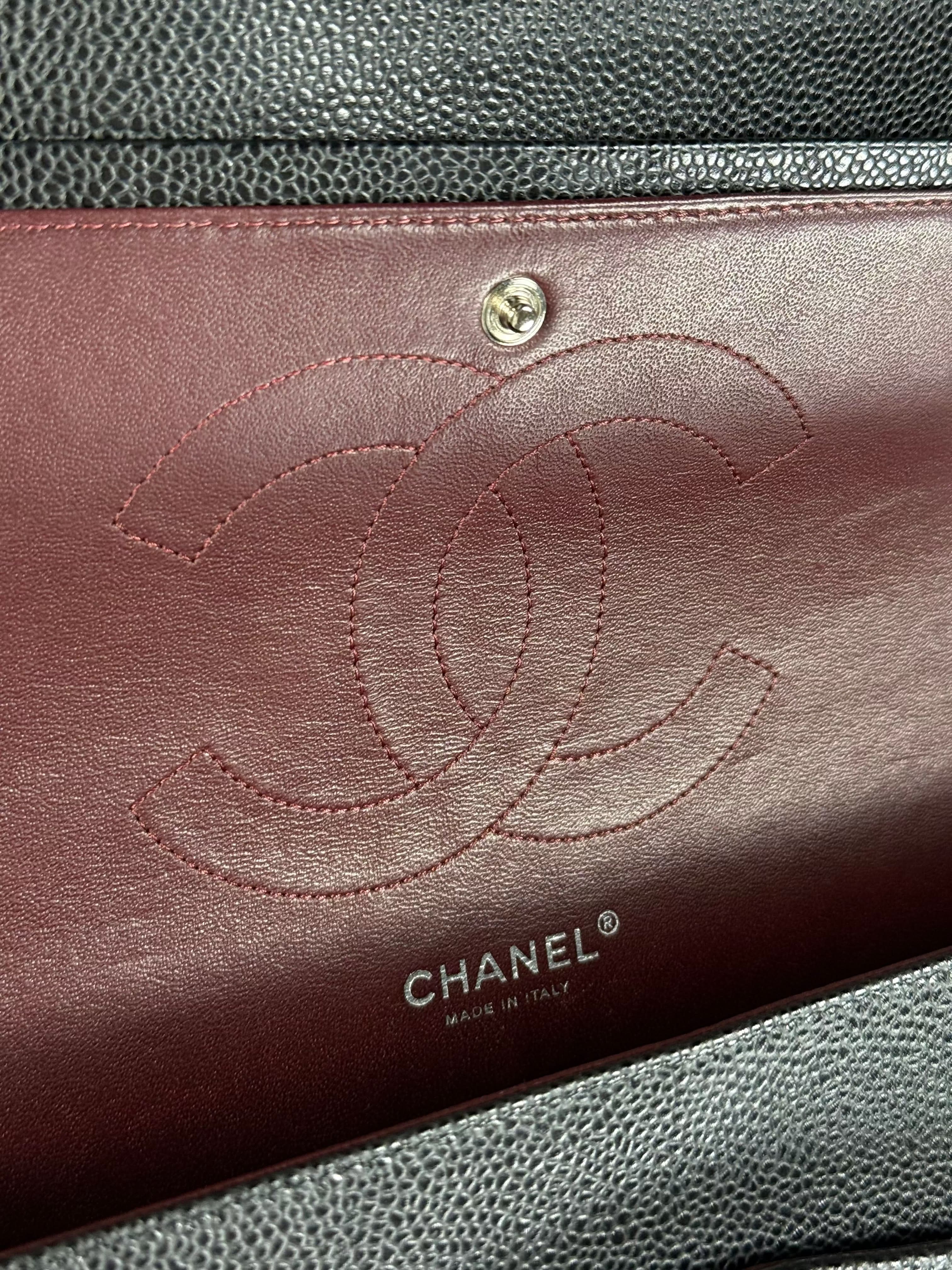 CHANEL Black Jumbo Classic Double Flap Bag in Caviar Leather with Silver Hardware