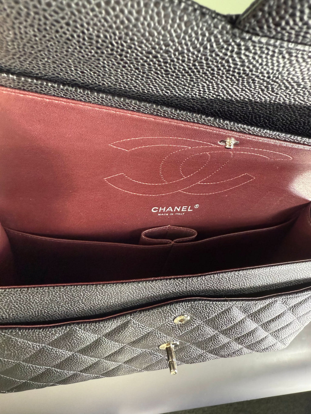 CHANEL Black Jumbo Classic Double Flap Bag in Caviar Leather with Silver Hardware