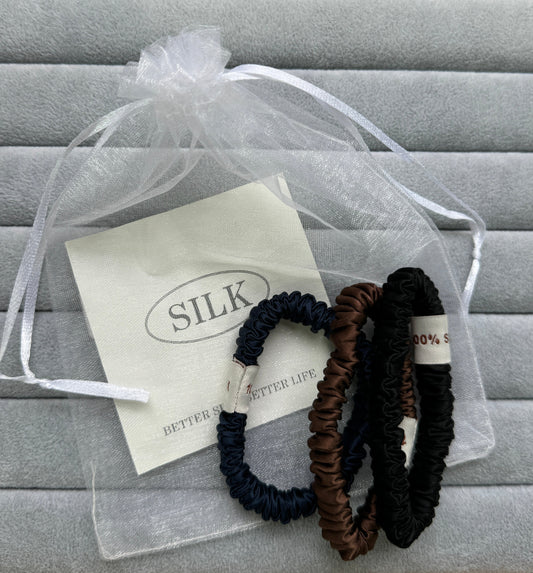 SILK. Set Of 3 100% Mulberry Silk Skinny Hair Scrunchies Black/Chocolate/Navy