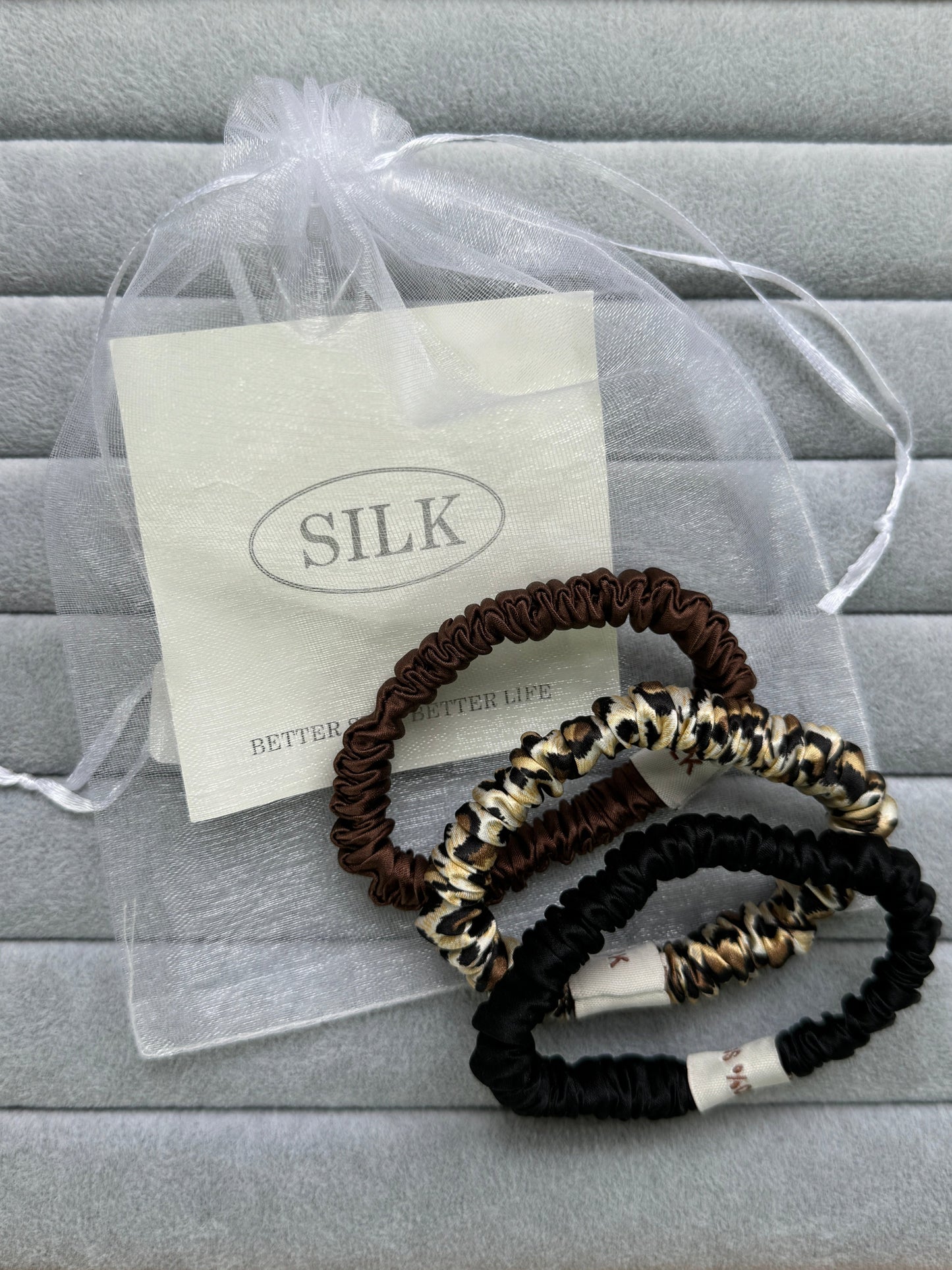 SILK. Set Of 3 100% Mulberry Silk Skinny Hair Scrunchies - Black/Chocolate/Leopard