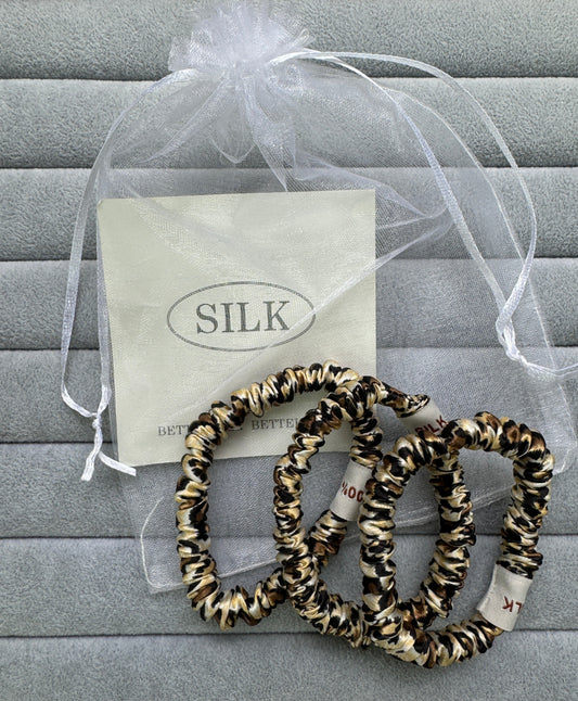 SILK.Set Of 3 100% Mulberry Silk Skinny Hair Scrunchies -Leopard