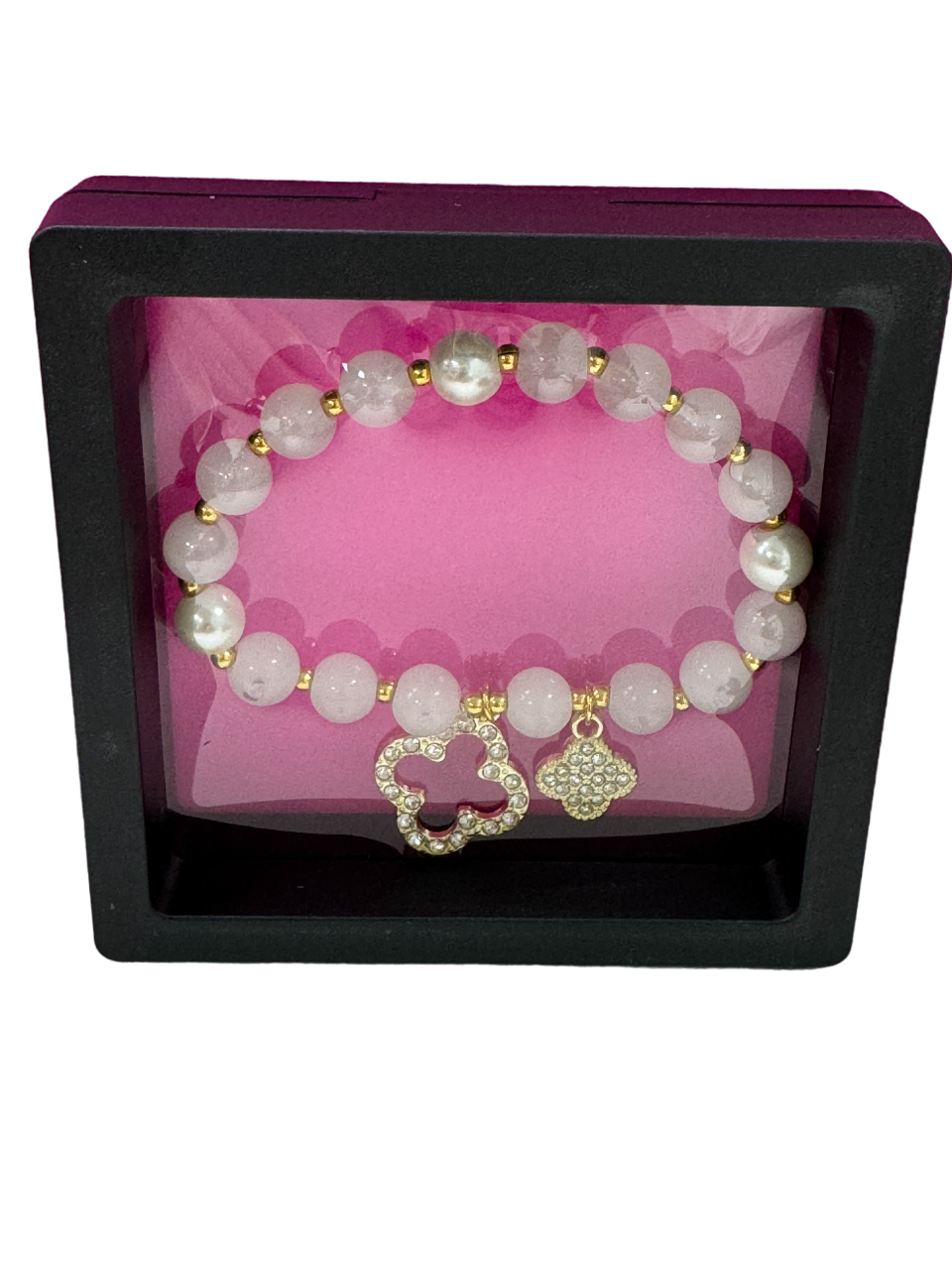 Ivory/gold Crystal & pearl Embellished Clover Beaded Bracelet In Gift Box