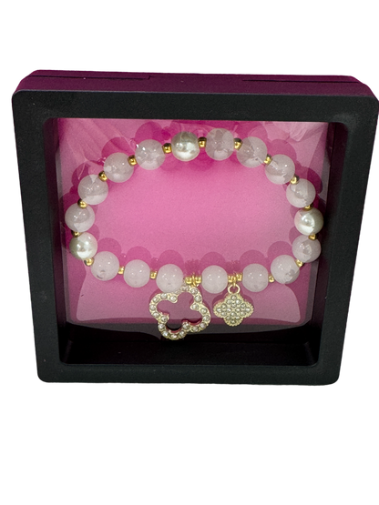 Ivory/gold Crystal & pearl Embellished Clover Beaded Bracelet In Gift Box