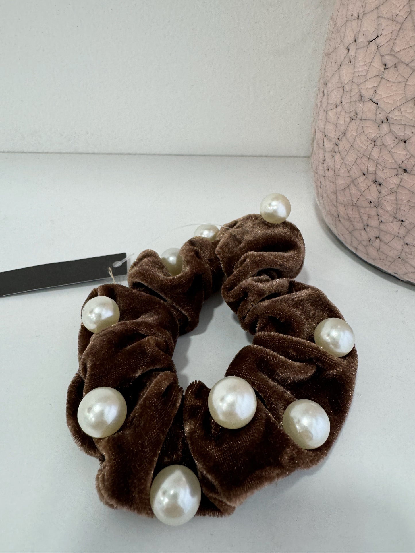 SCRUNCHI Chocolate Pearl Embellished Velvet Scrunchie