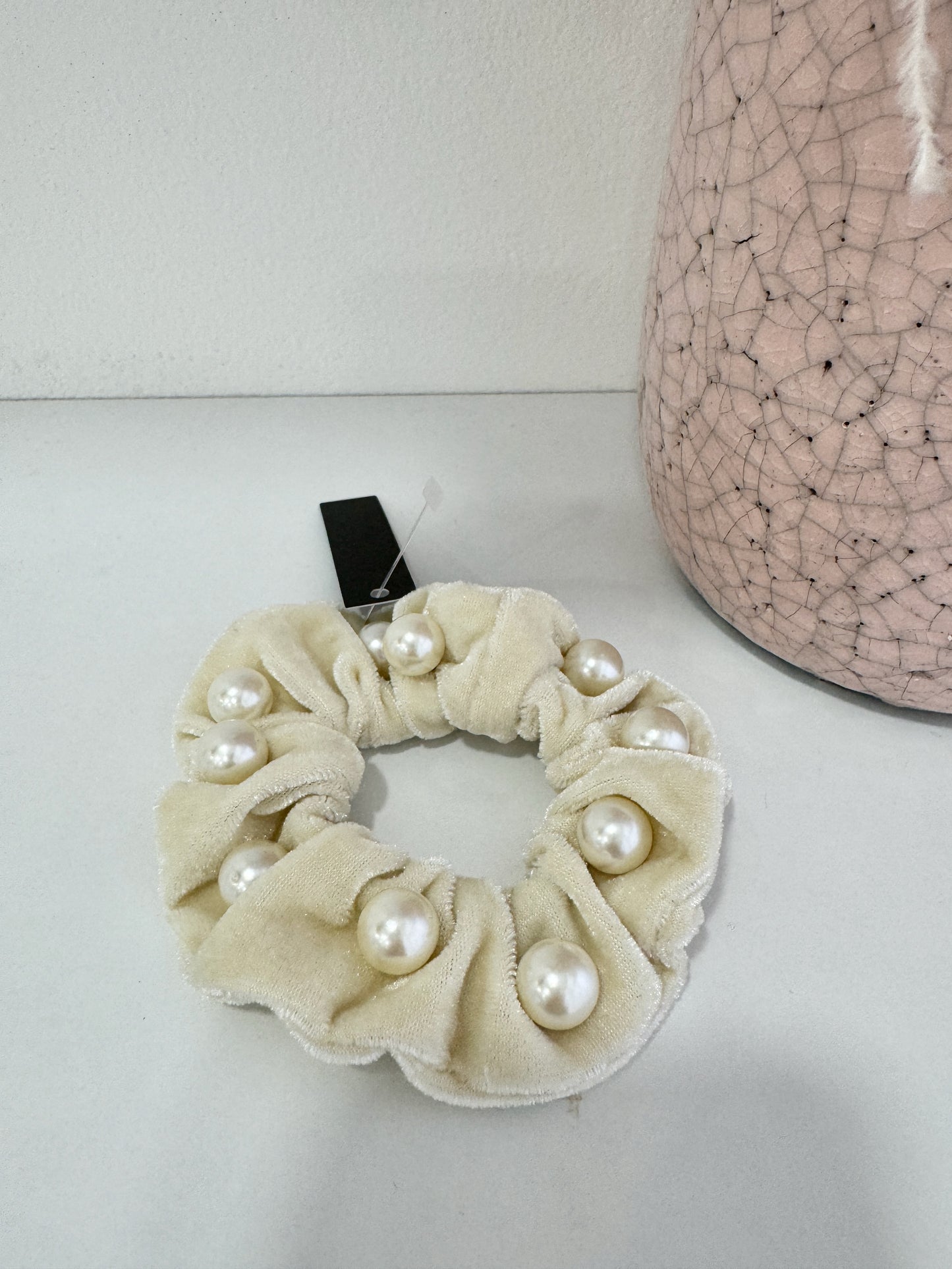 SCRUNCHI Cream Ivory Pearl Embellished Velvet Scrunchie