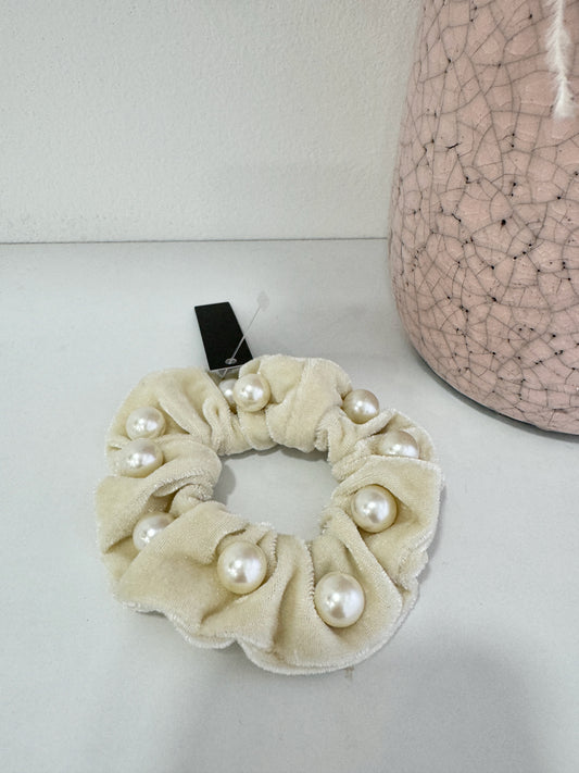 SCRUNCHI Cream Ivory Pearl Embellished Velvet Scrunchie