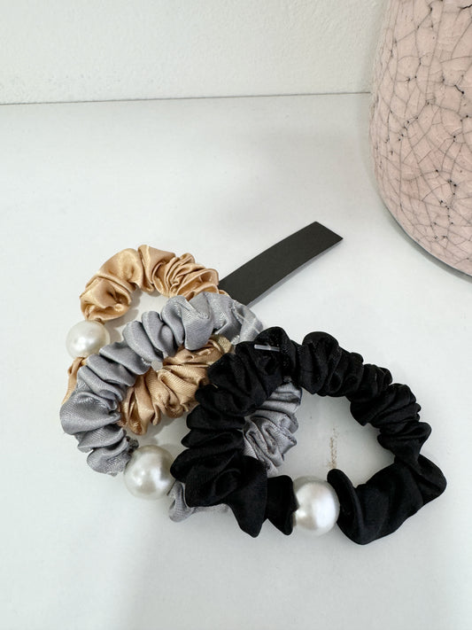 SCRUNCHI Set Of 3 Pearl Embellished Satin Scrunchies-black/grey/champagne