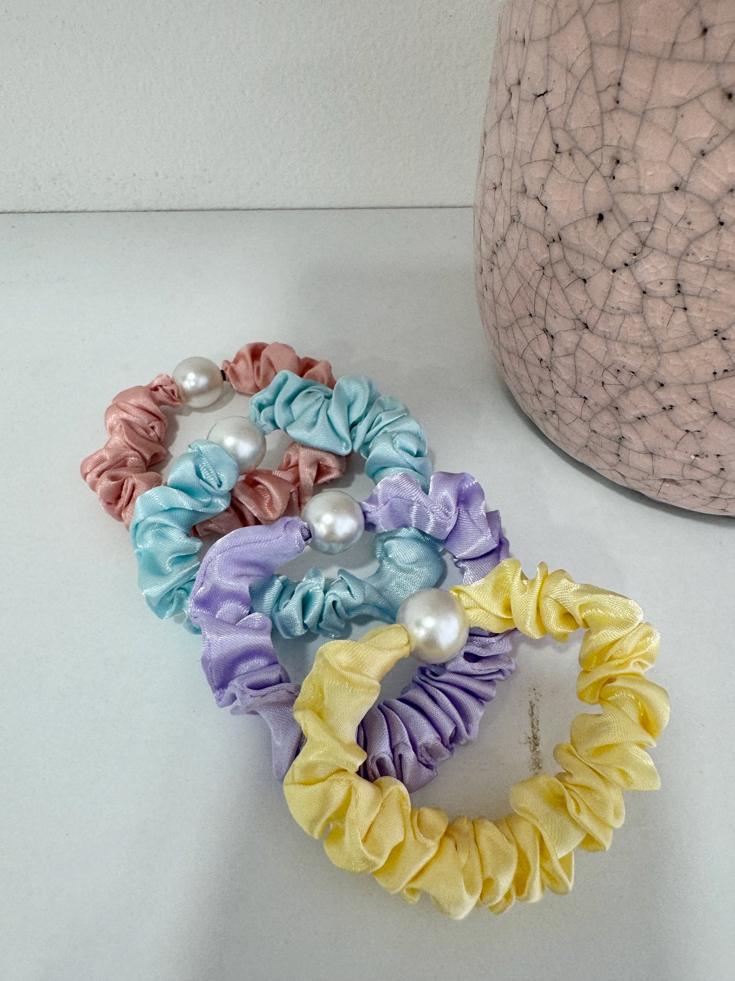 SCRUNCHI Set Of 4 Pastel Pearl Embellished Satin Scrunchies