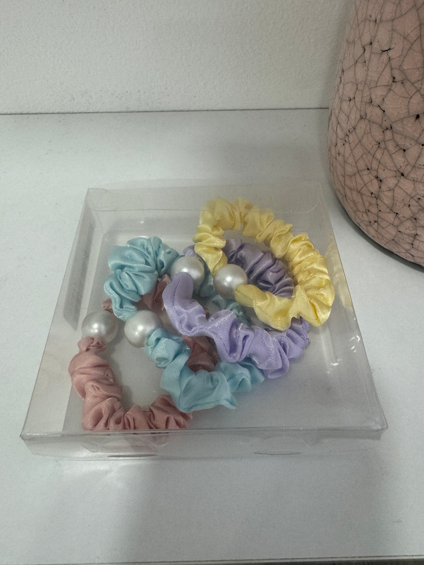 SCRUNCHI Set Of 4 Pastel Pearl Embellished Satin Scrunchies