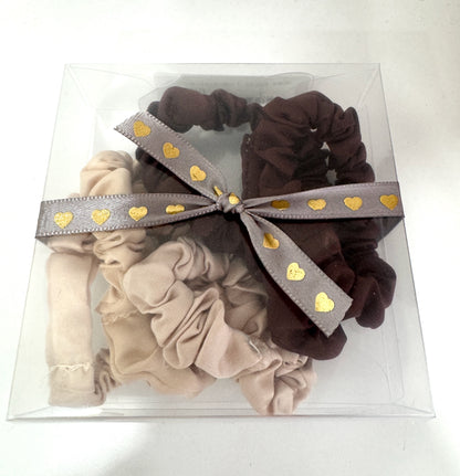 SCRUNCHI Set Of 6 Nude/chocolate Satin Scrunchies In Gift Box