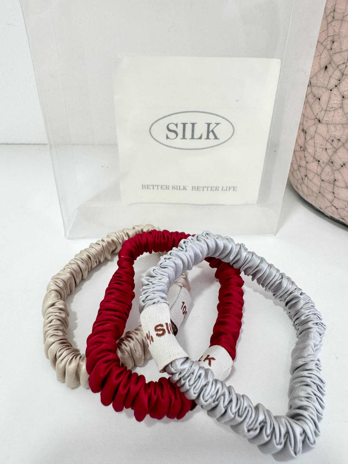 SILK. Set Of 3 100% Mulberry Silk Festive Scrunchies -red/silver/champagne