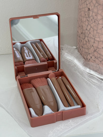 Dusty Pink Travel Makeup Brush Set With Mirror 5-piece