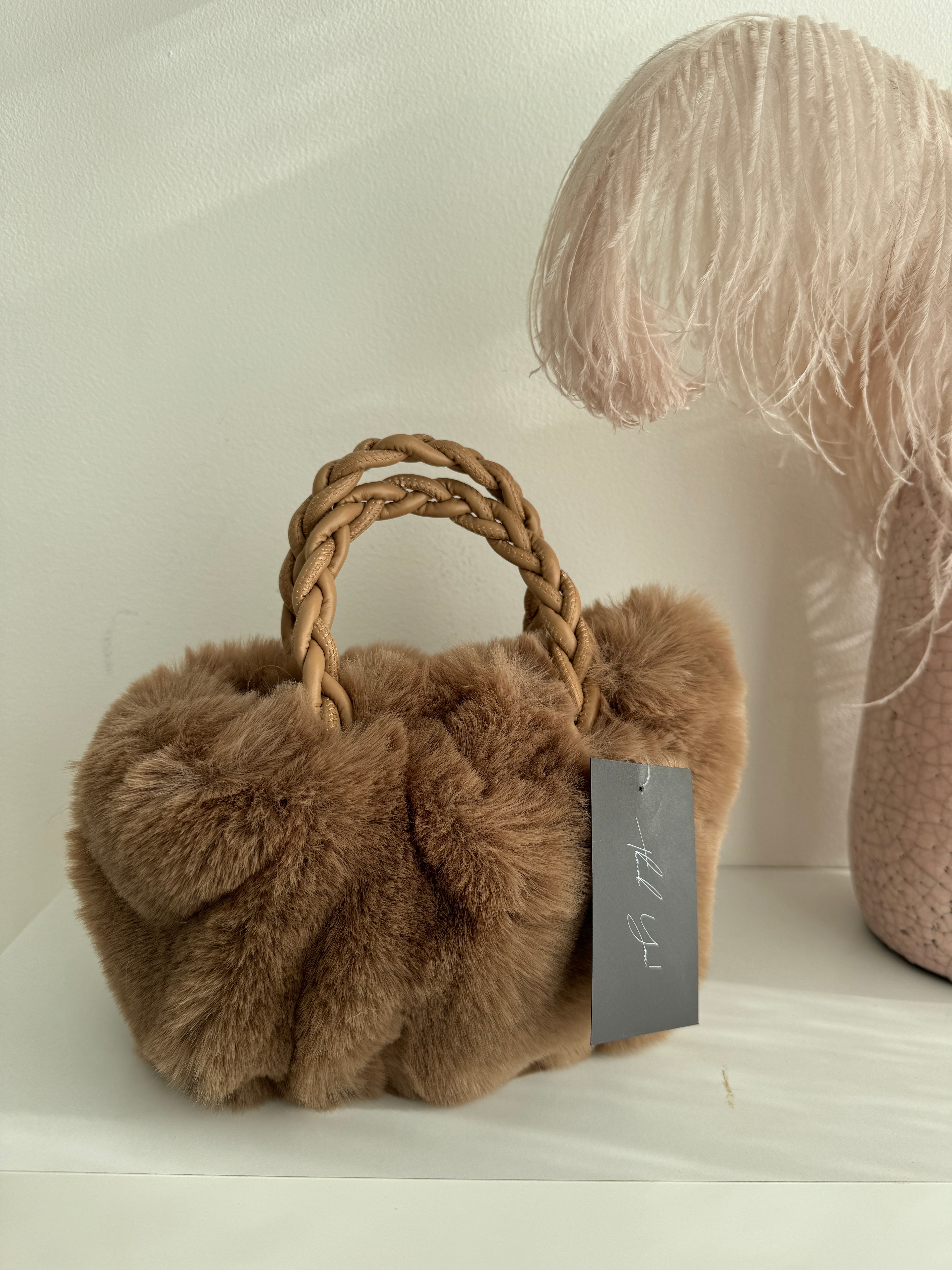 Brown Faux Fur HandBag With Top Handle And Shoulder Strap
