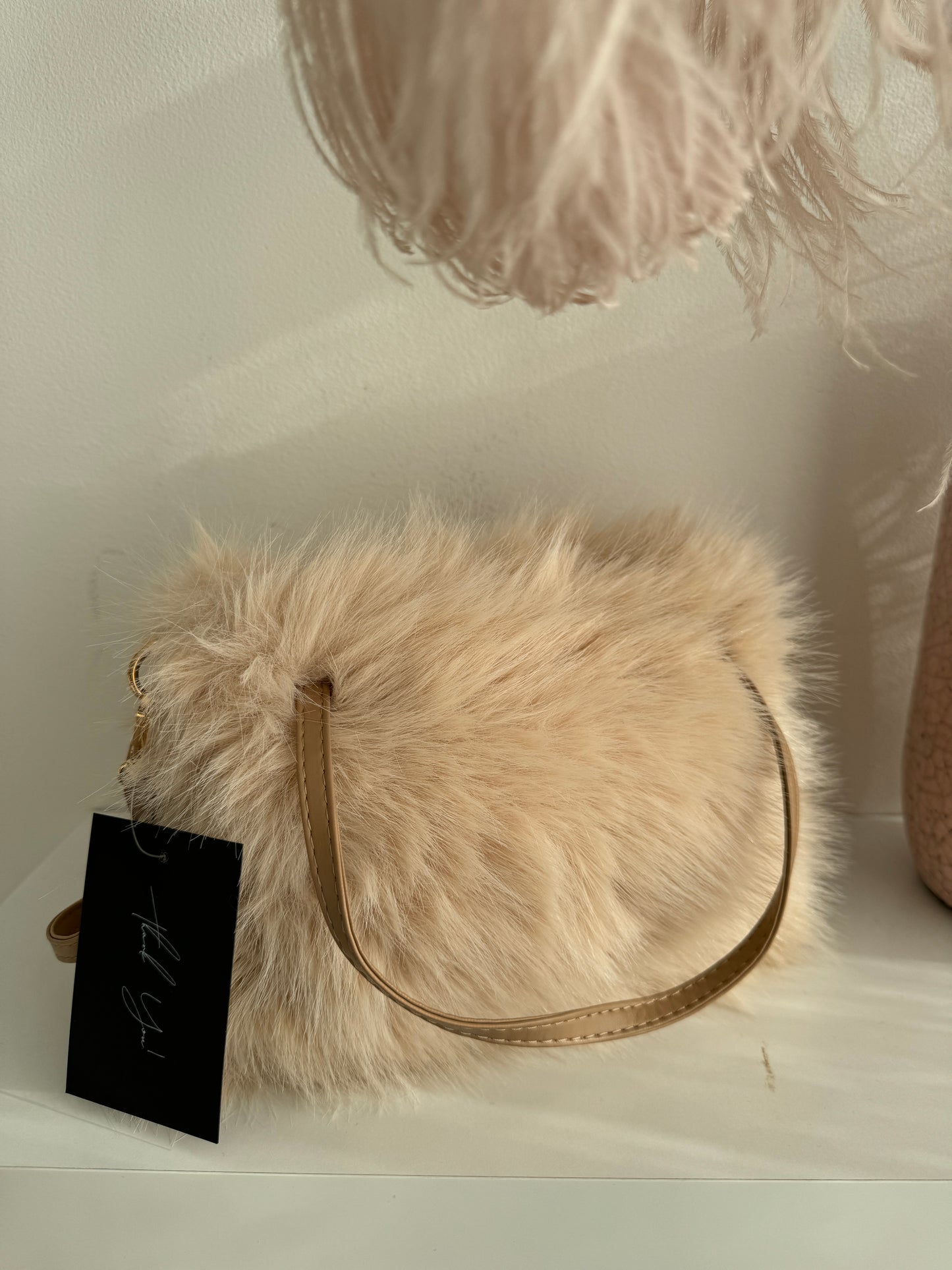 Beige Faux Fur Handbag With Top Handles And Shoulder Strap