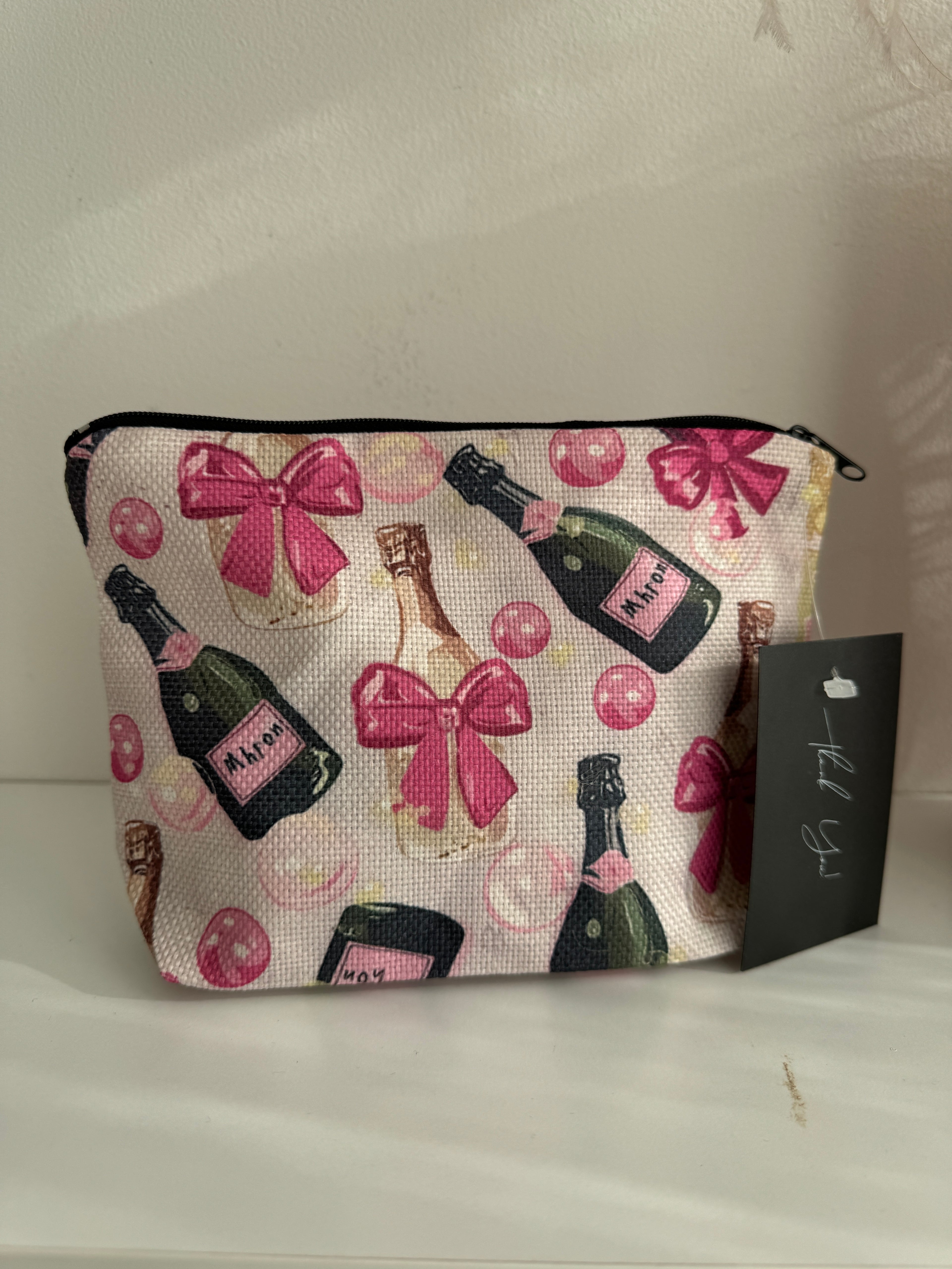Beige Champagne And Bow Print Cosmetic Bag One Size