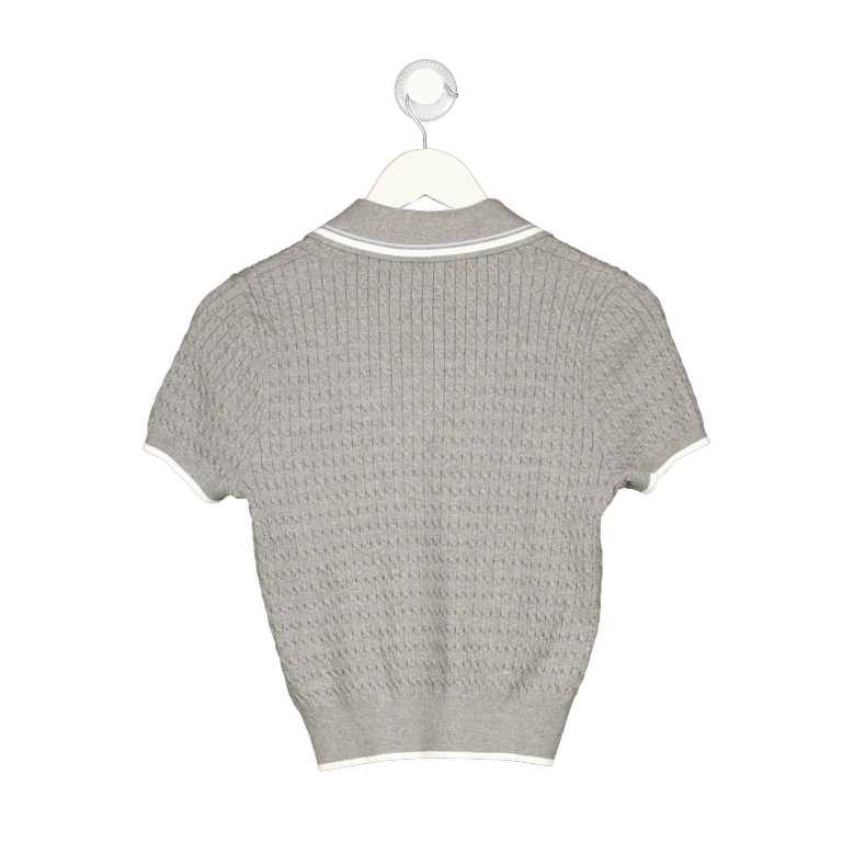 ANN ANDELMAN Grey Embroidered Logo Cotton Cable Knit Polo Sweater UK M