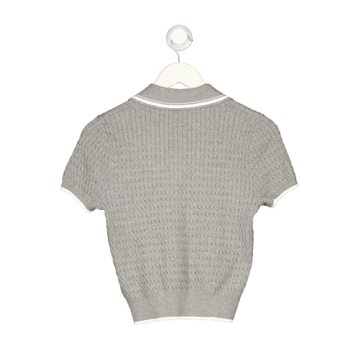 ANN ANDELMAN Grey Embroidered Logo Cotton Cable Knit Polo Sweater UK M
