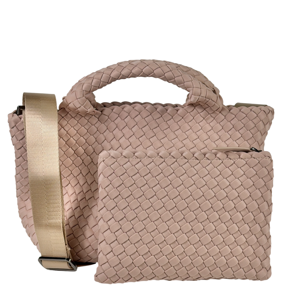 NAGHEDI Shell Pink Woven Neoprene St. Barths Petit Tote Bag With Strap And Pouch