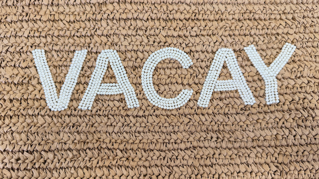 LILY & BEAN Beige Raffia Tote Beach Bag "VACAY" With Bamboo Handles