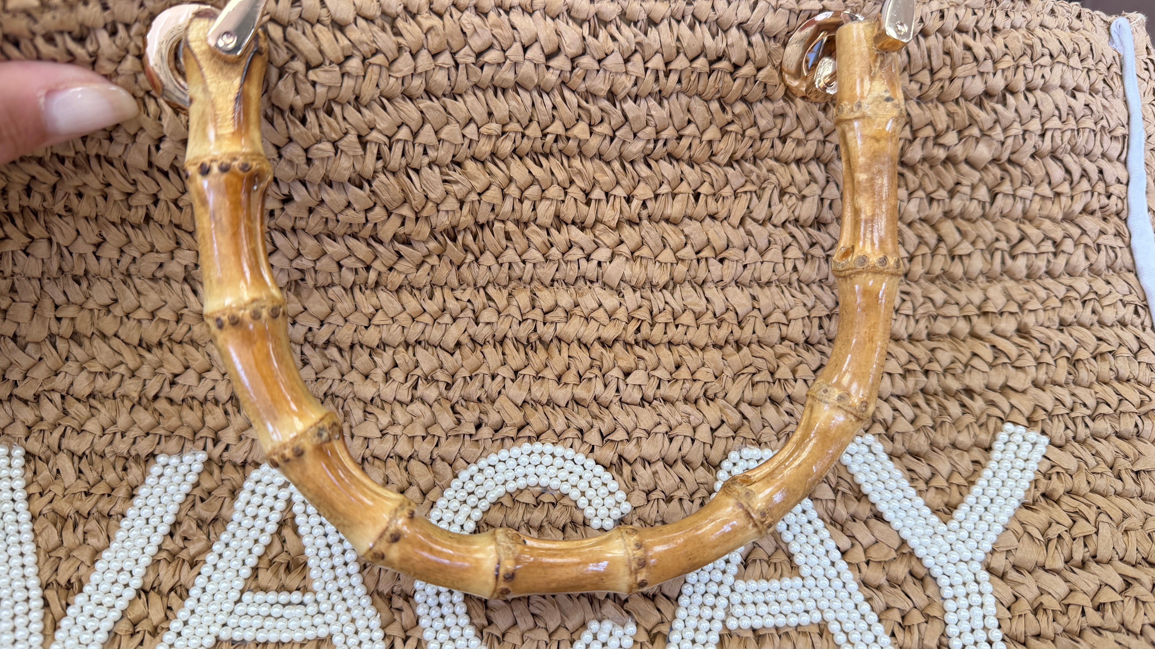 LILY & BEAN Beige Raffia Tote Beach Bag "VACAY" With Bamboo Handles