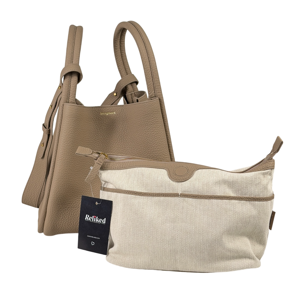 SONGMONT Taupe Beige Full Grain Leather Large Song Bucket Bag With Crossbody Strap