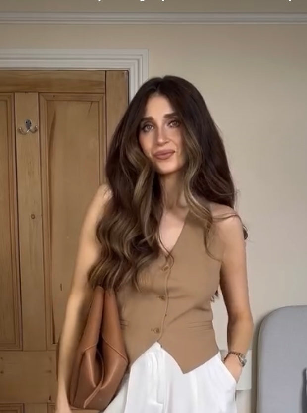 LilySilk Brown Silk-wool Vest With Jacquard Silk Back UK 10