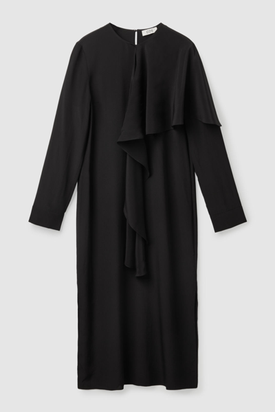 COS Black Long-Sleeve Silk Cape Dress UK 18