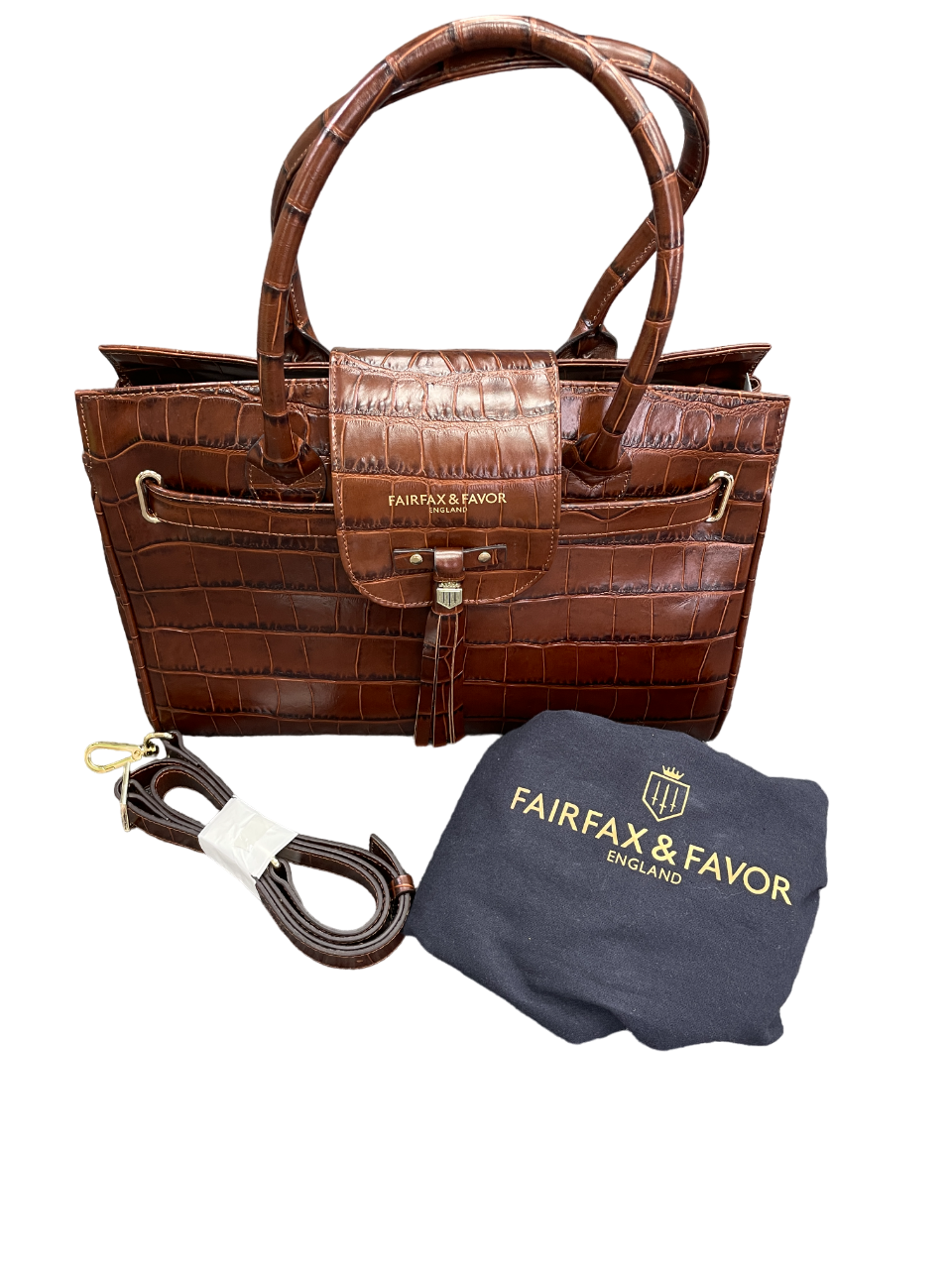 Fairfax & Favor Brown Croc Embossed Large Leather Windsor Bag