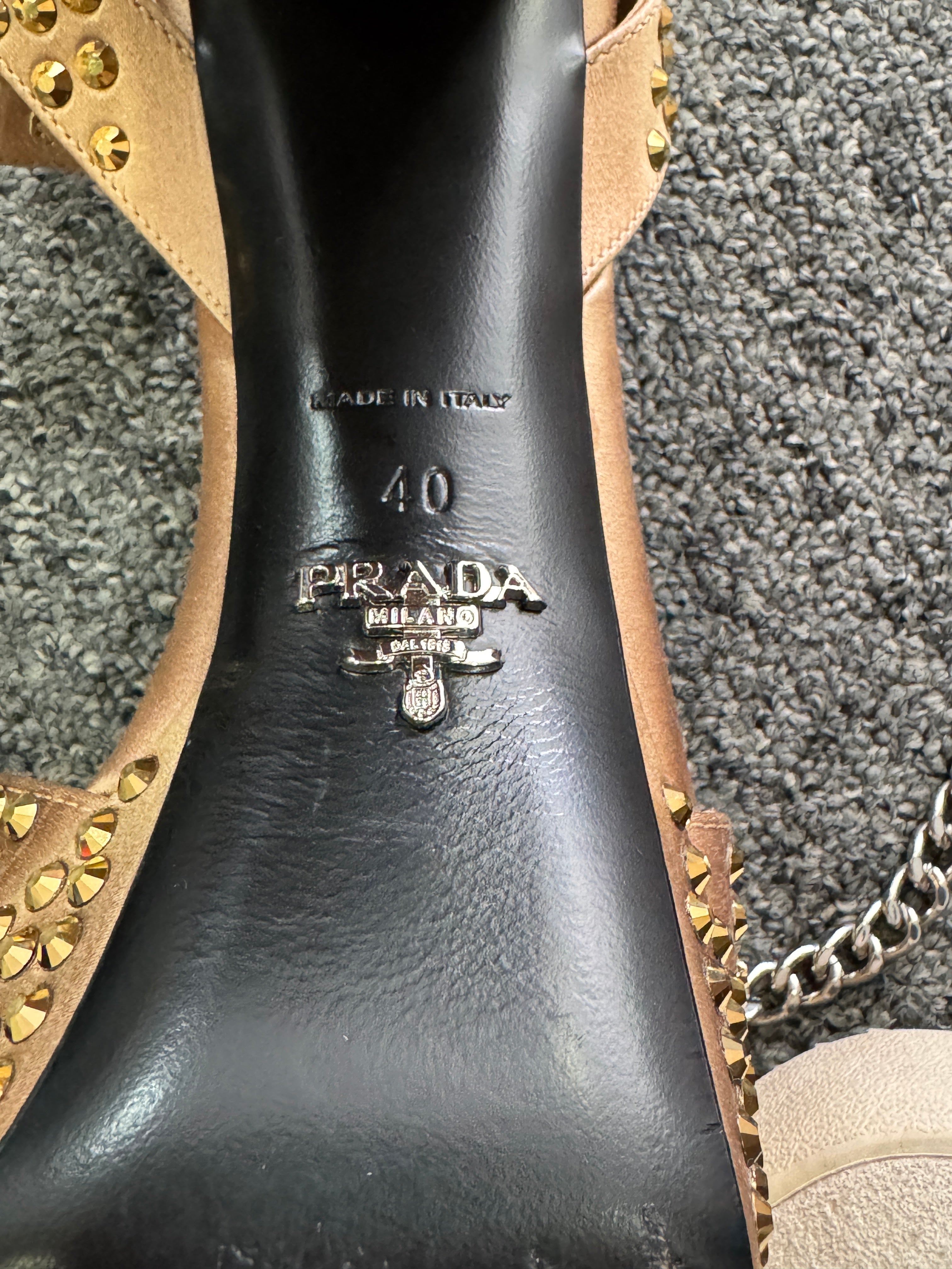 PRADA Bronze Gold 125mm Crystal-embellished Sandals UK 7 EU 40 👠