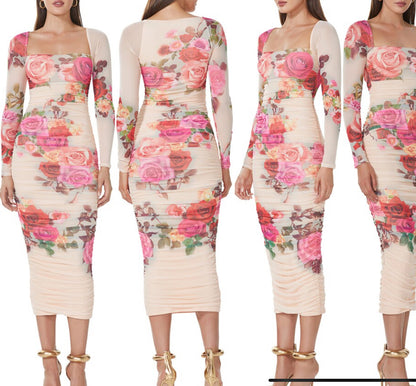 AFRM Multi-colour square neck ruched Floral Maxi Dress XS
