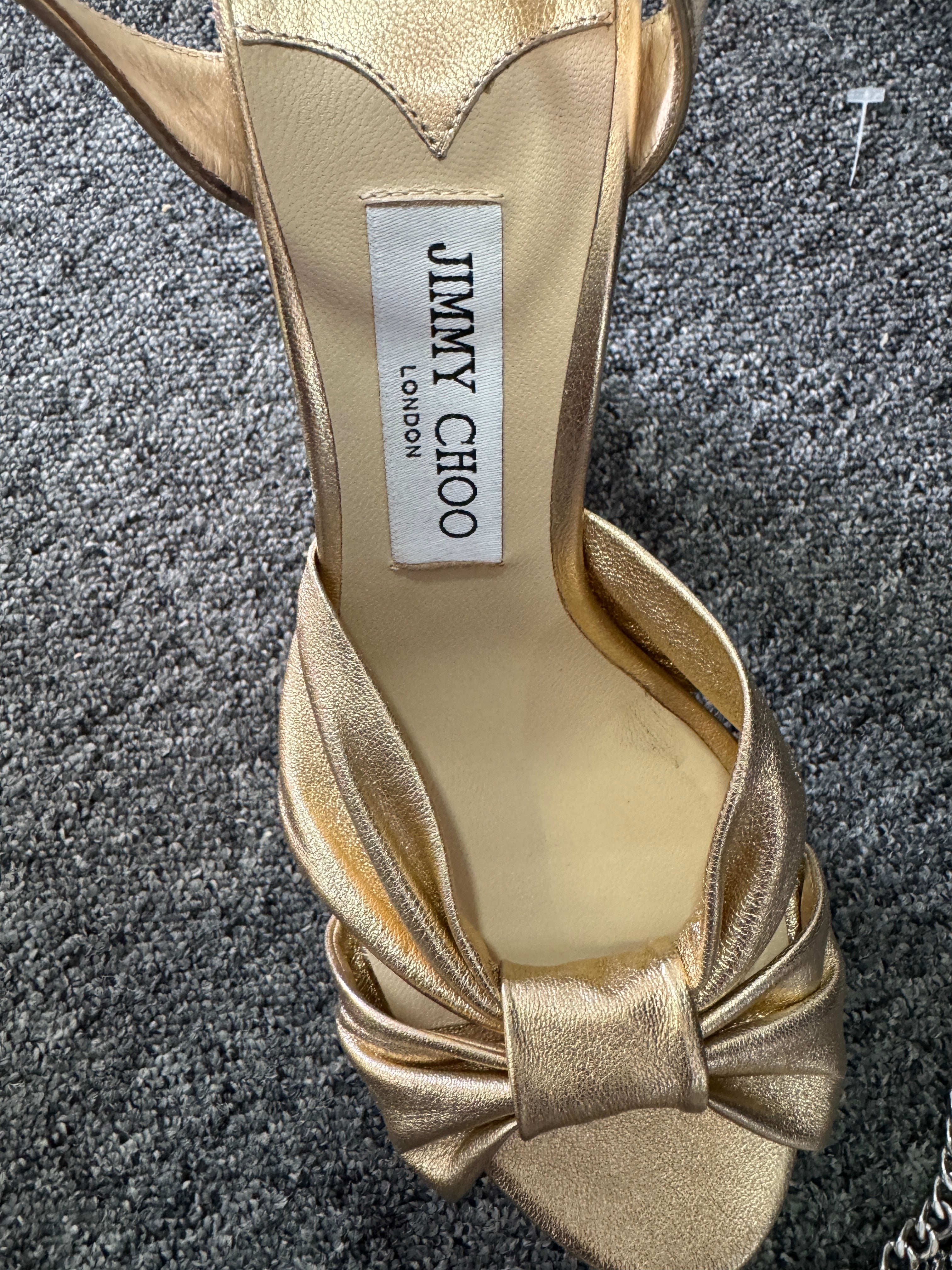 JIMMY CHOO Heloise 120 Gold Metallic Nappa Leather Platform Sandals UK 7 EU 40 👠