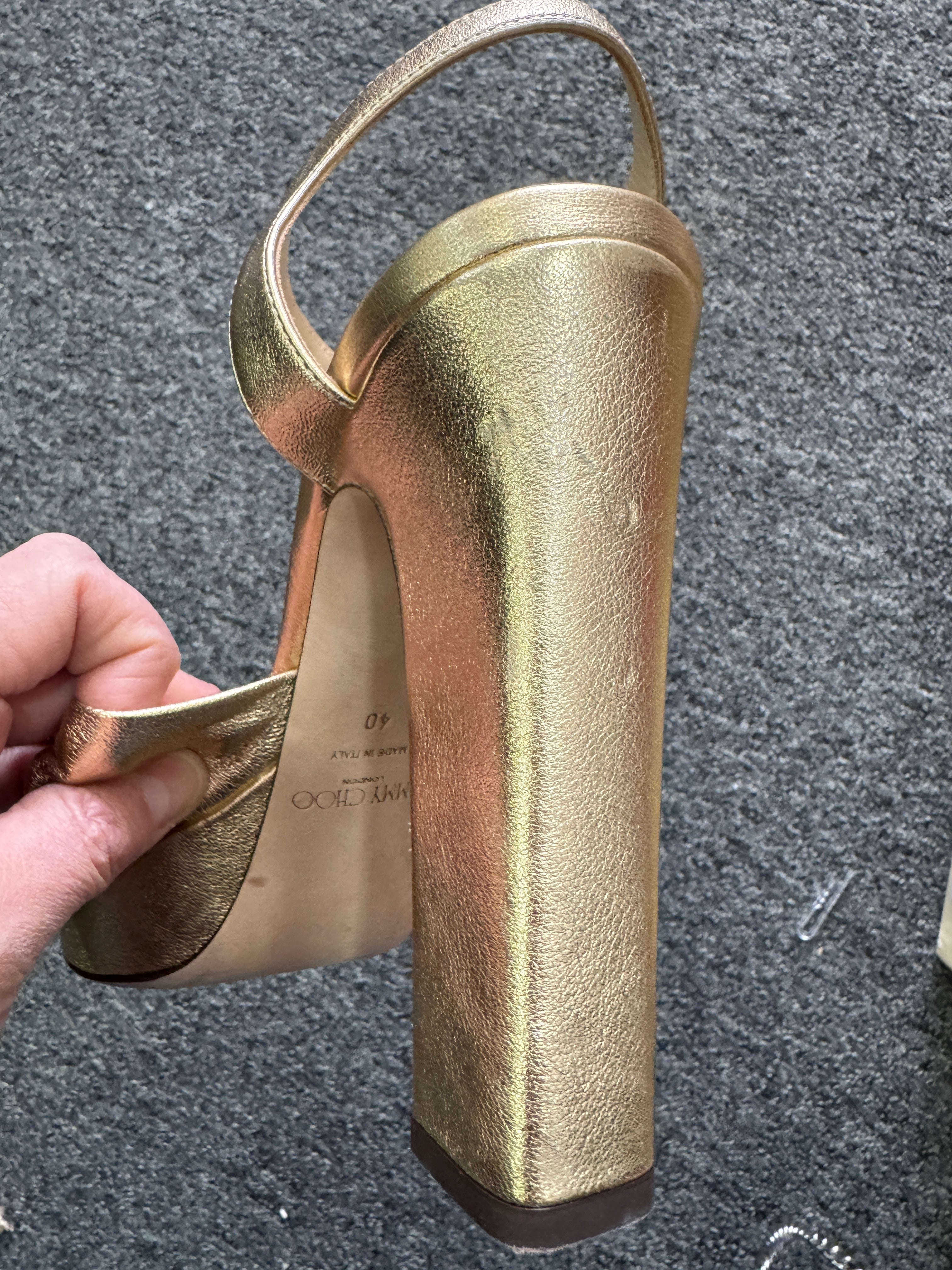 JIMMY CHOO Heloise 120 Gold Metallic Nappa Leather Platform Sandals UK 7 EU 40 👠