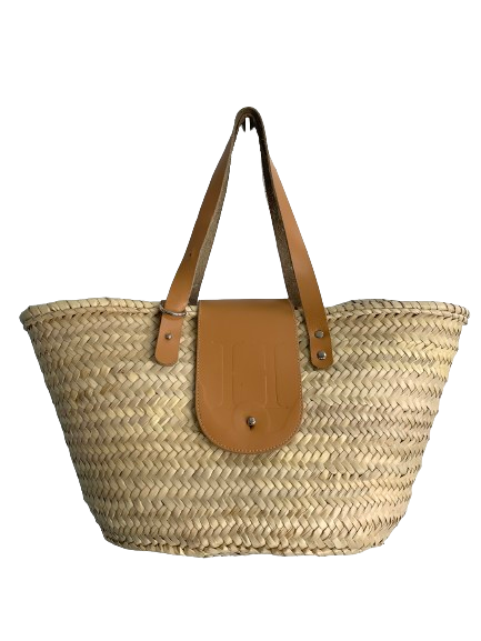 The Straw Basket Company Brown St. Tropez Classic Tan Leather Embossed H Flap Basket Bag