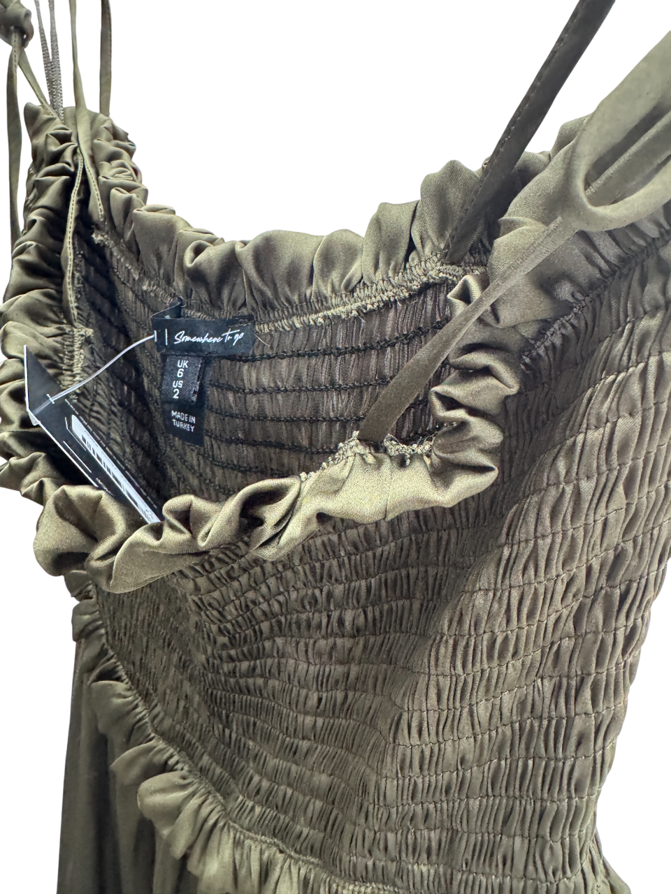 River Island Olive Green Satin Shirred Midi Dress UK 6