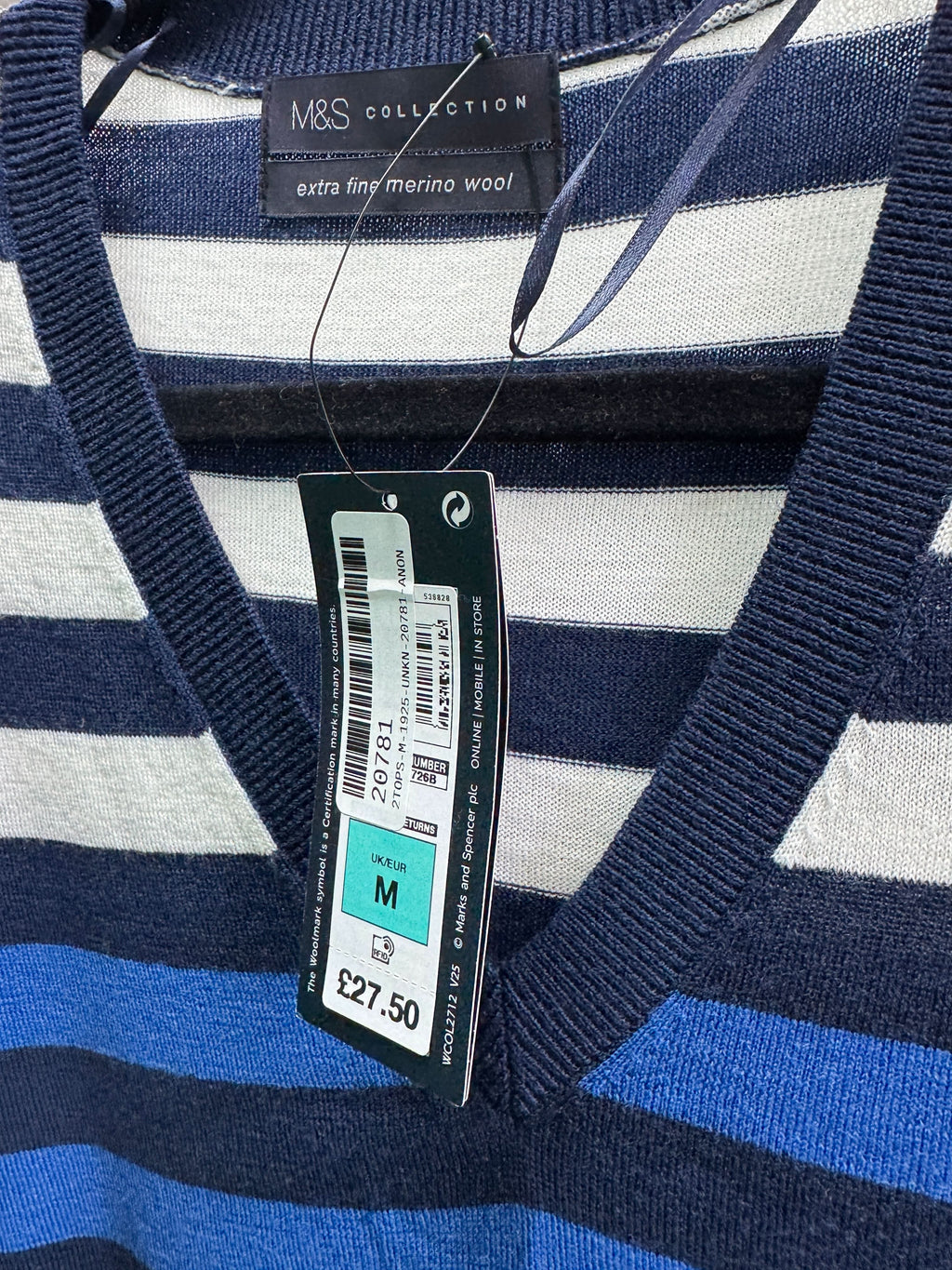 M&S Collection Navy / White Striped V-neck Jumper UK M