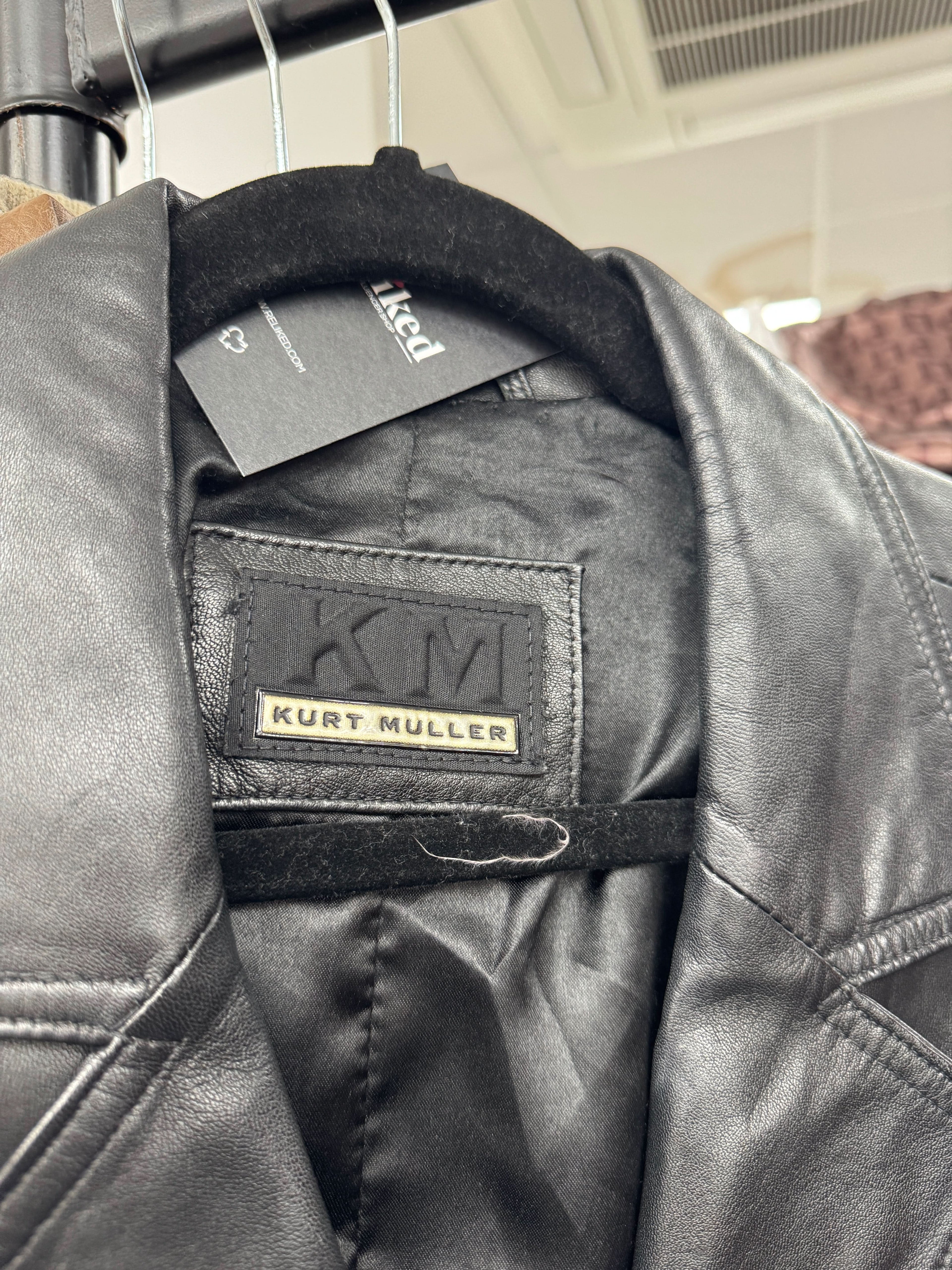 Kurt Muller Black Genuine Leather Longline Blazer Coat UK S/M