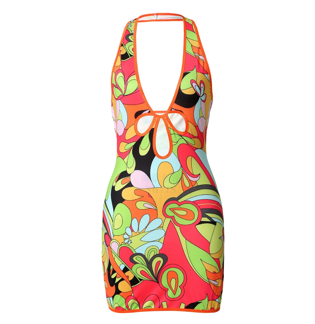 Jaded London Multi-coloured Retro Print Plunge Halter Mini Dress UK 12 - Reliked Jaded London Multi-coloured Retro Print Plunge Halter Mini Dress UK 12 - Reliked