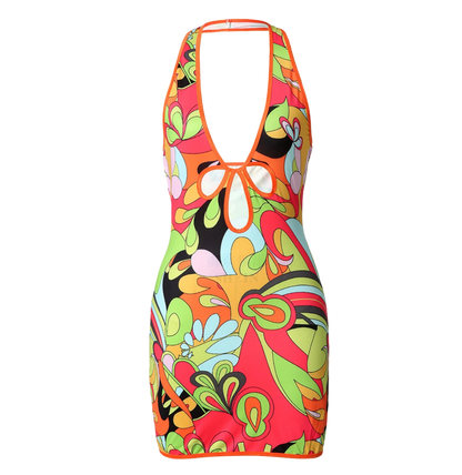 Jaded London Multi-coloured Retro Print Plunge Halter Mini Dress UK 10