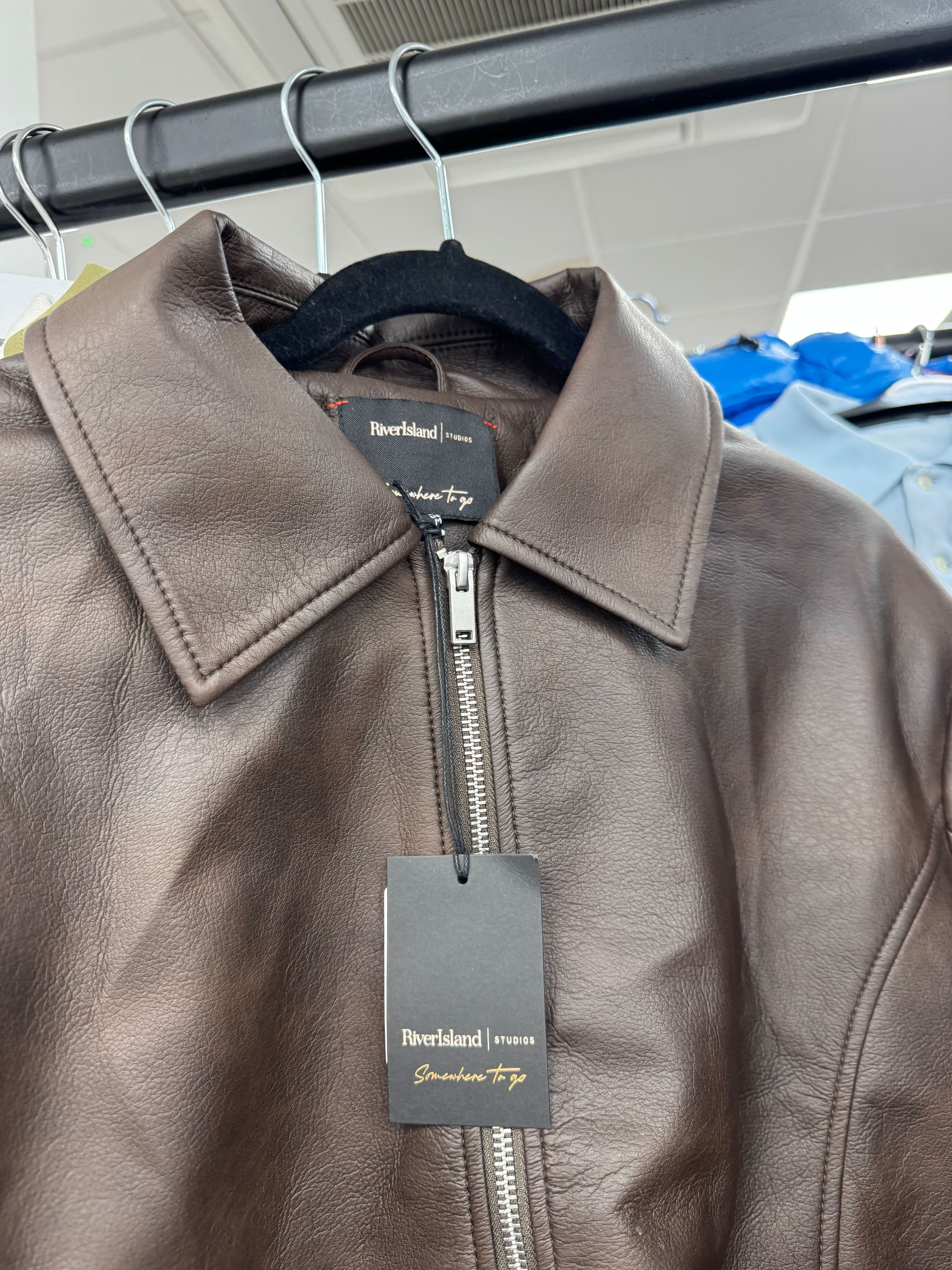 River Island Brown Dark Chocolate Brown Faux Leather Jacket UK M