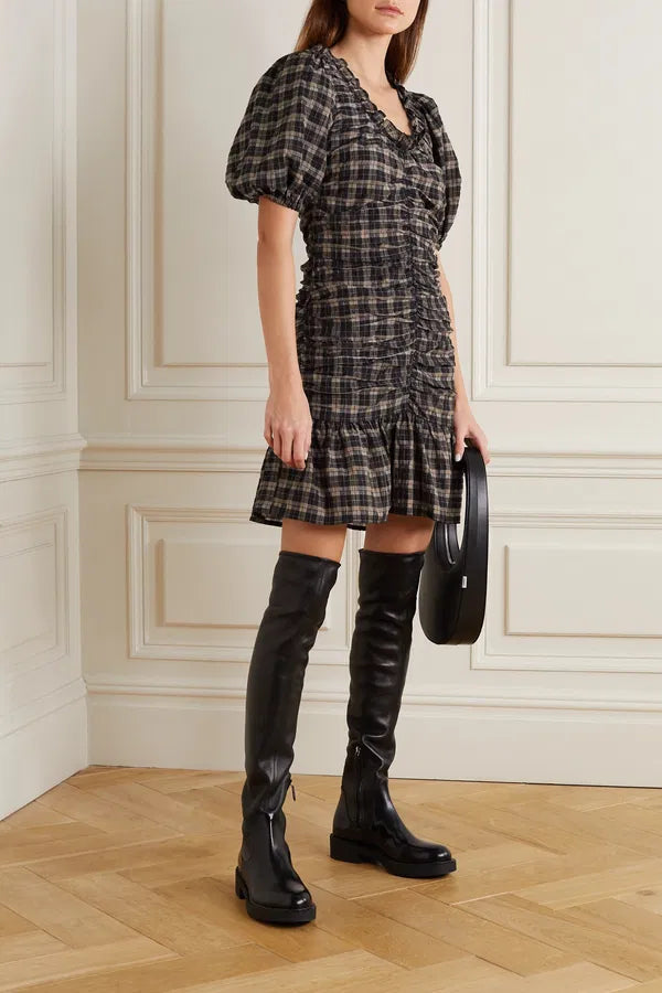 Ganni Brown /Black Ruffled Ruched Checked Seersucker Mini Dress  UK 14