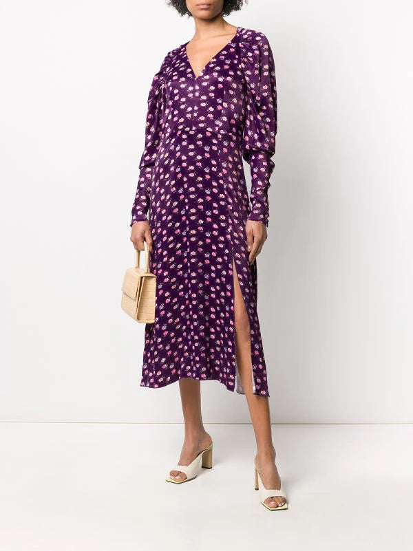 ROTATE Purple ClairPansy print midi Dress DK40 UK 12