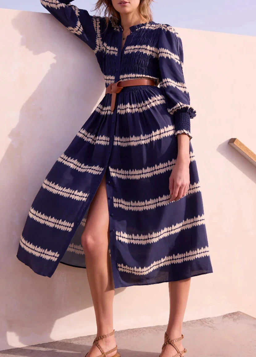 WYSE LONDON Blue and Cream Aggie Shibouri Dress - Midnight/Ivory UK 8